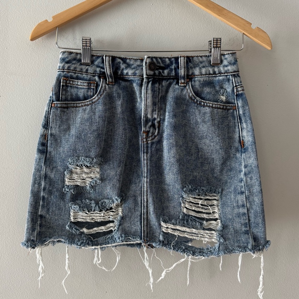 Pacsun Jean‎ Skirt, sz 23 waist, distressed, denim, retro, teen, tween, raw edge